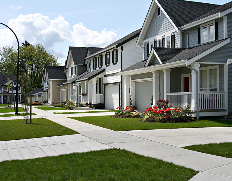 Small town residential street of new town homes.